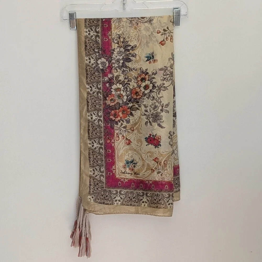 Johnny Was Silk Floral Paisley Scarf Beige Pink Tassel Fringe Boho 42x42 Square